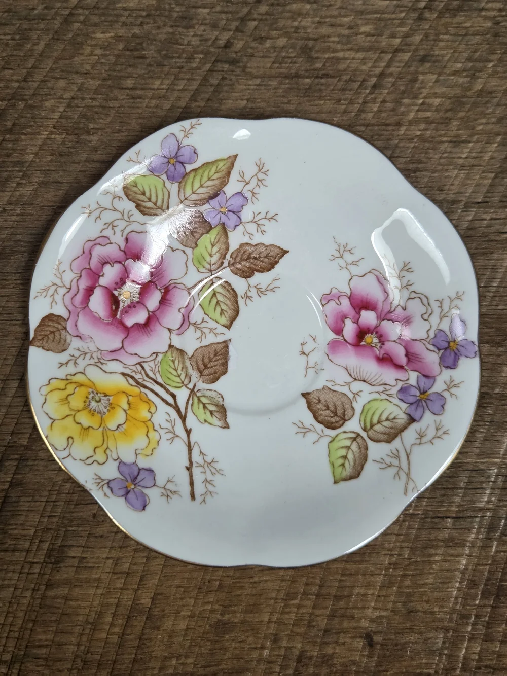 Vintage Taylor & Kent Floral Fine China Saucer - Pink & Yellow Flowers ~ Bin PP